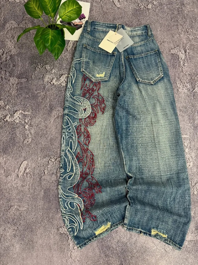 Embroidered Wide Leg Baggy Jeans